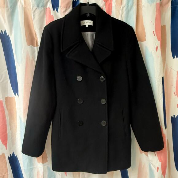 NWOT Calvin Klein Black Double Breasted Lined Wool Cashmere Peacoat Size 14 - Picture 1 of 11